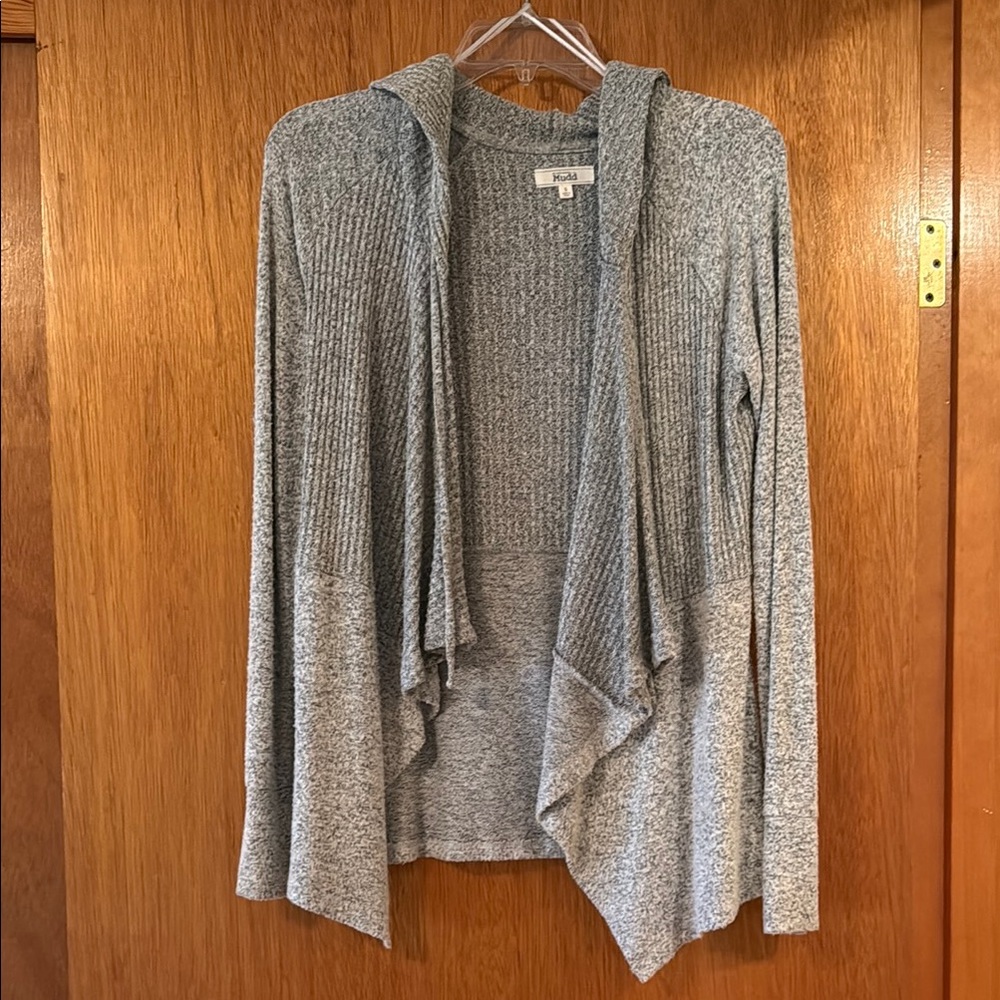 Gray Hooded Open Front Sweater